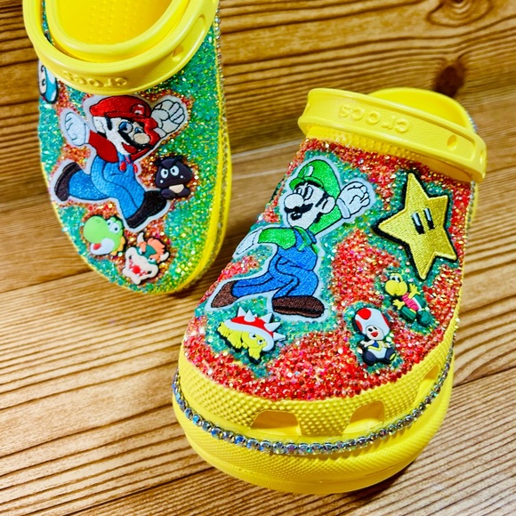 Super Mario Brothers Crush Platform Wedge Yellow Full Bling Crocs NWOB - Picture 7 of 10